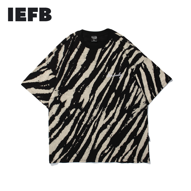 IEFB Men's Zebra Stripe Short Sleeve T-shirt Round Collar Short Sleeve Oversize Streetwear Causal Tee Tops Summer 9Y7469 210524