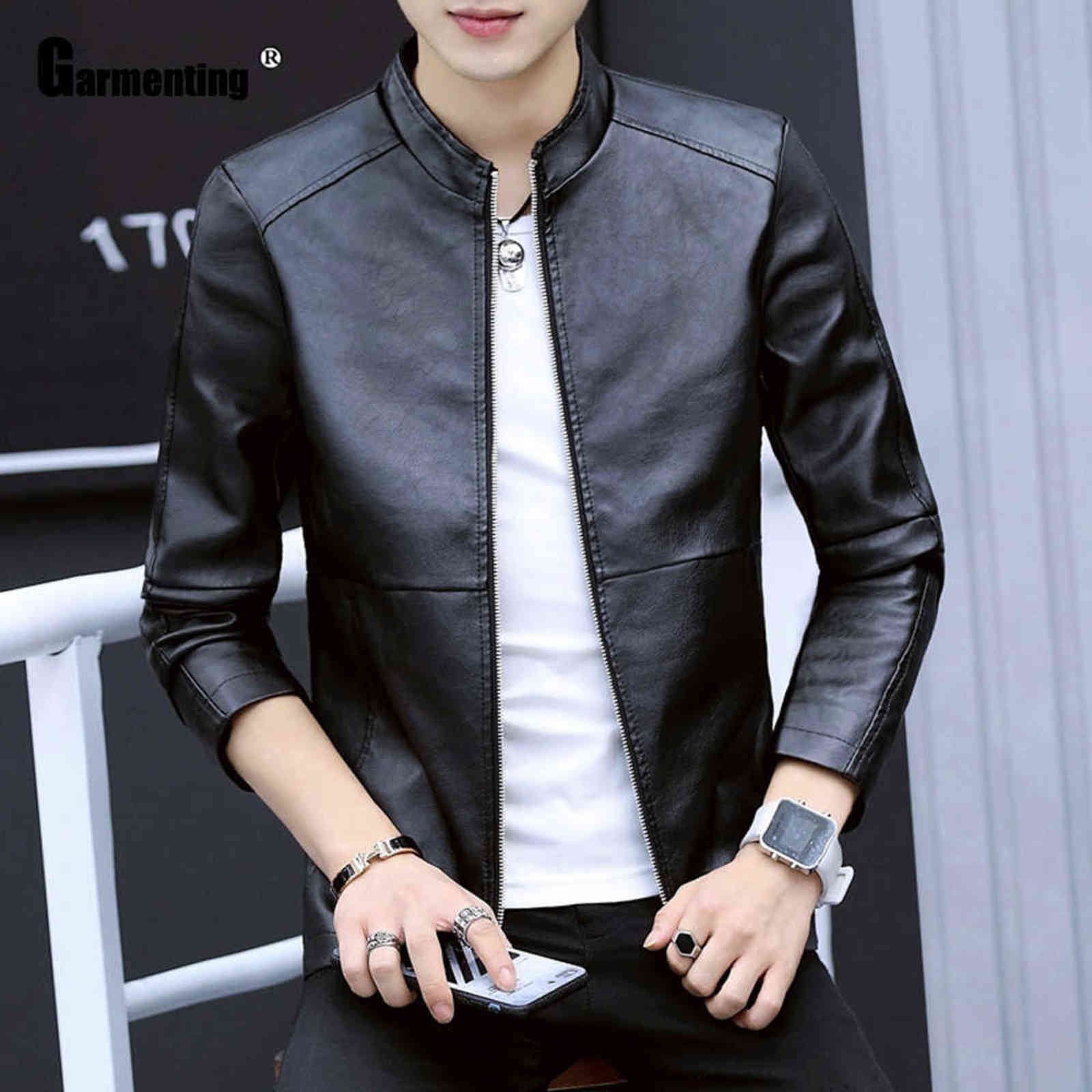 Garmenting Men Trendy Zippers Tops Faux Pu Leather Jackets Kpop Young Mens Blue Coffee Outerwear Slim Fitted Male Clothing 211111