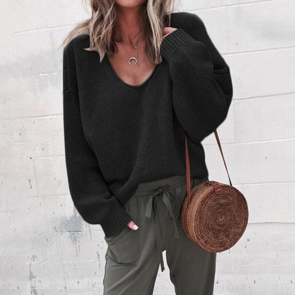 Women Sexy Long Sleeve V Neck Knitted Sweater Casual Solid Black Loose Pullover Vintage Streetwear Jumper 210428
