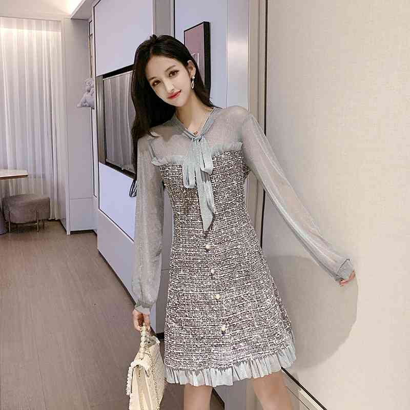 Spring Tweed Dress Office Fashion Knee-Length Ladies Long Sleeve Chic Patchwork Ruffle Vestidos 210520