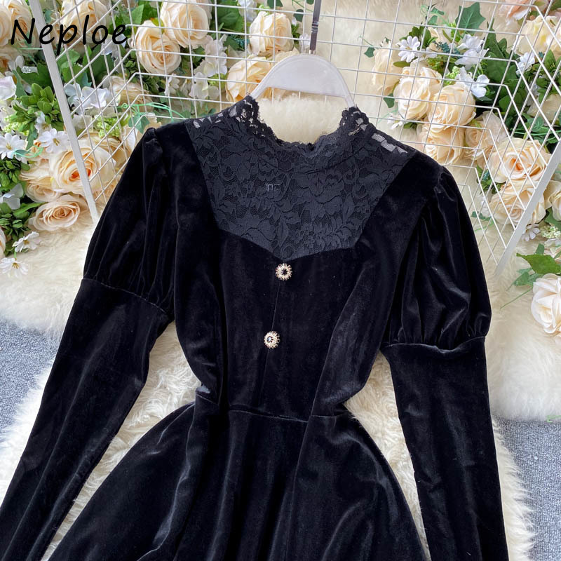 Neploe Retro Lace Patchwork Dress Elegant O-neck Long Sleeve Slim Waist Velvet Femme Vestidos Chic Button Drawstring Dresses 210422