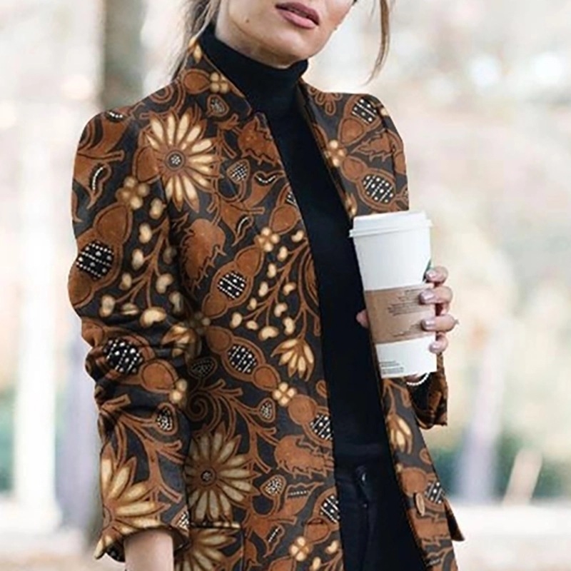 Women Blazer Printed Ladies Coat Single Button Long Sleeve Women's Slim Suit Jacket 210513