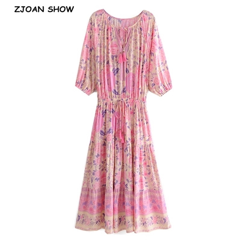 Spring Bohemia Tassel Lacing up Collar Pink Flower Print Dress BOHO Woman Adjust Waist Maxi Long Holiday Dresses Beach 210429
