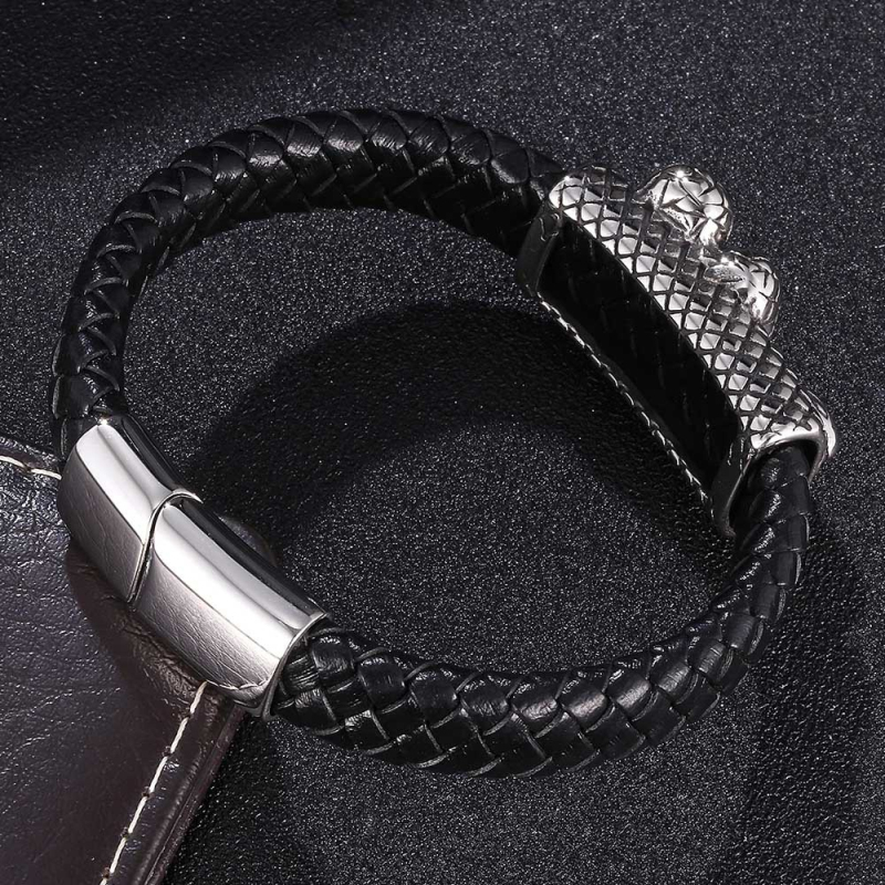 Fashion Stainless Steel Snake Charm Genuine Leather Bracelet