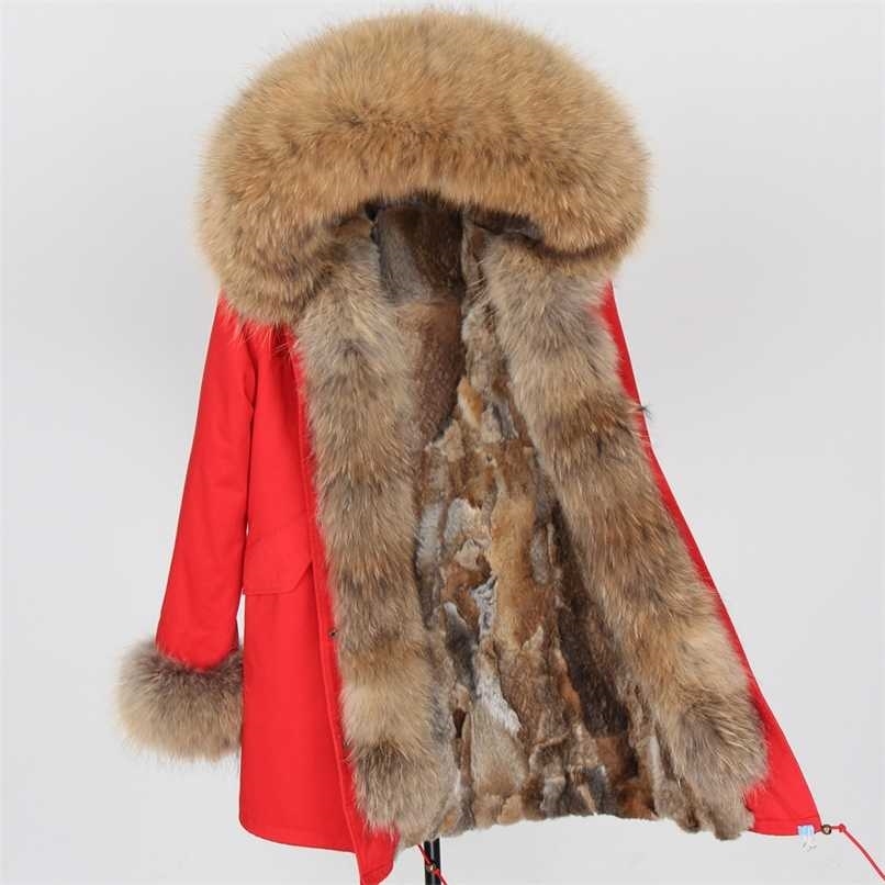 winter women real fur coat long Rabbit fur lining hooded parka Large raccoon fur collar warm coats Star same style 211130
