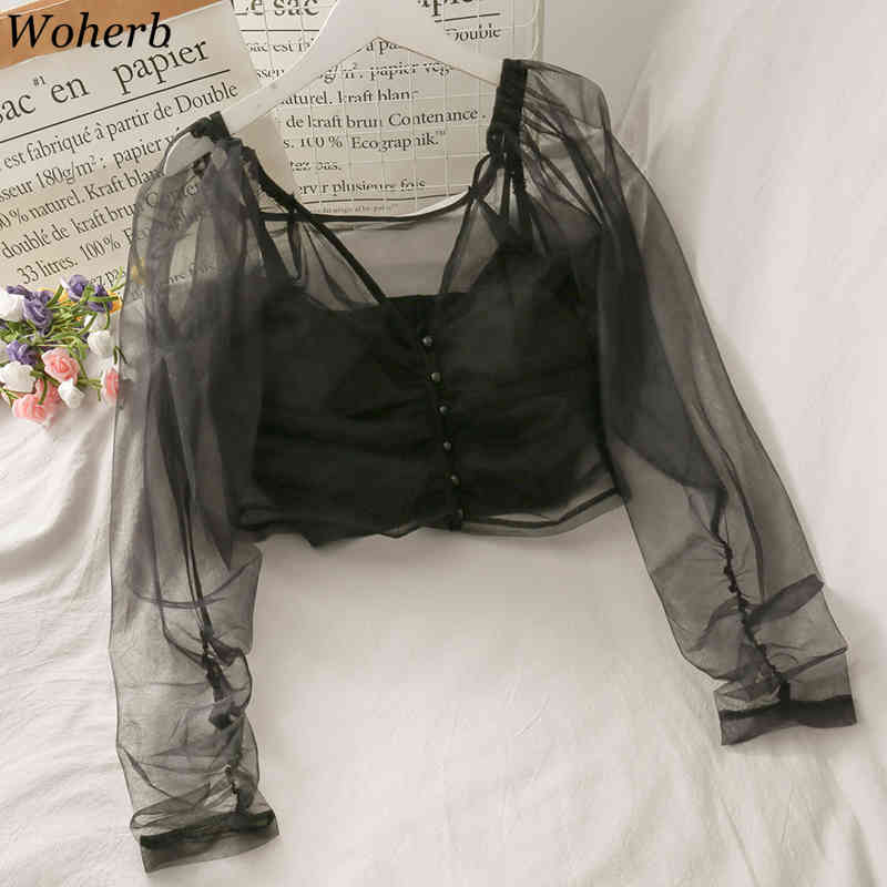 Two Piece Set See Throgh Mesh Top + Sleeve Crop Tank Summer Sexy Solid Blouse Elegant Fashion Streetwear Blusas 210519