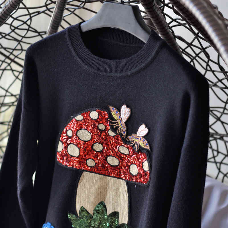 Fall Winter Arrival Women Korean Style Slim O-Neck Sequined Mushroom Coats Pullover Knitted Sweater C-102 210522