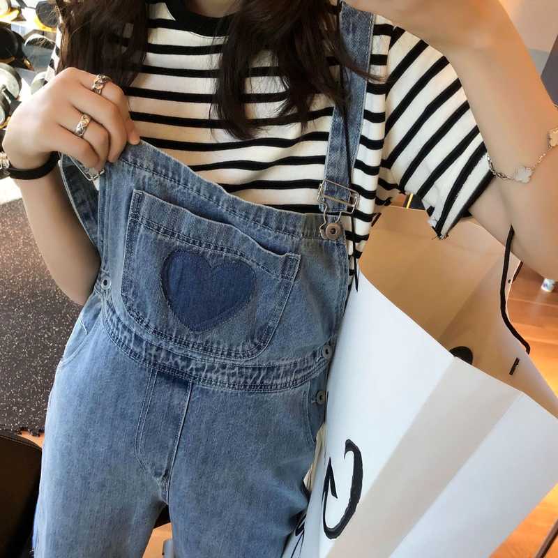Kawaii Solid Loose Casual Denim Overalls Korean Spring Long Pants Women Heart Print Sweet Preppy Style Trousers 13A274 210525