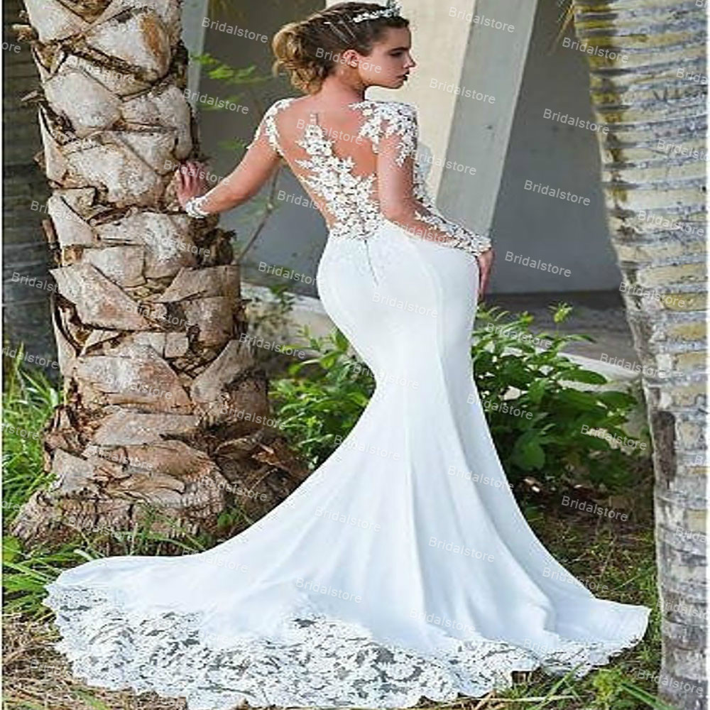 Vintage White Mermaid Wedding Dress With Lace Long Sleeve Sweep Train Satin Summer Beach Bridal Dresses 2021 Illusion Country Bride Robe Mariage Vesti