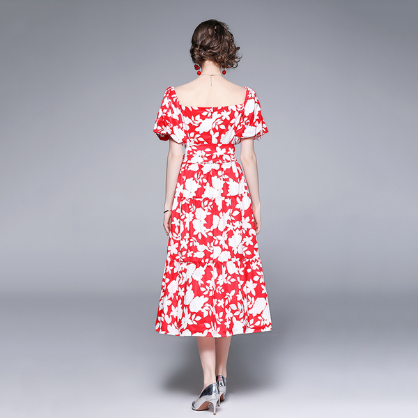 Summer Red Floral Elegant Boho Midi Dresses Women Square Collar Puff Sleeve Vintage Belt Vacation Dresses 210518