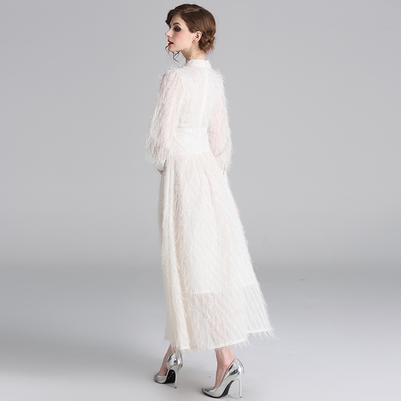 Comelsexy Summer Women's Elegant Stand Collar Lantern Sleeve Tassels Party Long Dresses Elegant Beige Feather Dress Vestido 210515