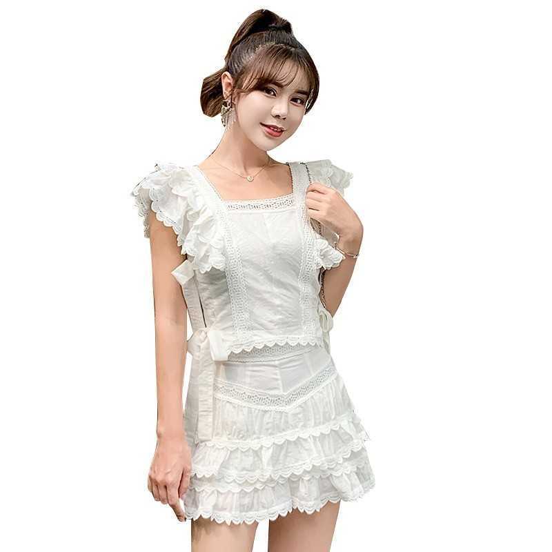 Summer Sexy Hollow Out Embroidery Lace Set Women's Suits Ruffles Short Sleeve Tops + White Mini Short Skirts 2 Piece Sets 210708