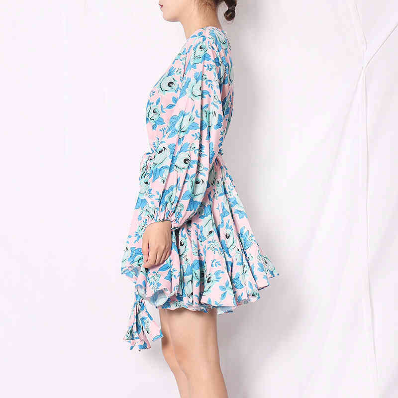 Casual Print Dresses Female O Neck Lantern Long Sleeve High Wiast Lace Up Pleated Hem Mini Summer Dress Women 210520