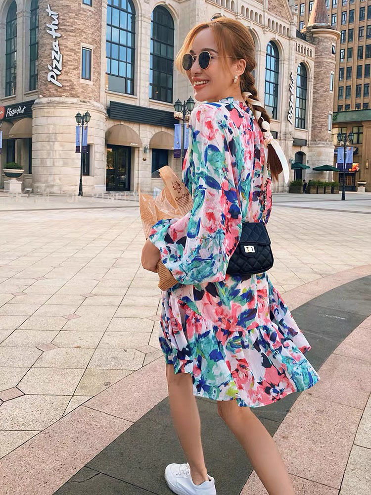floral summer mini dresses for women loose casual lantern sleeve ruffles flower dress belt boho holiday beach plus size 210421
