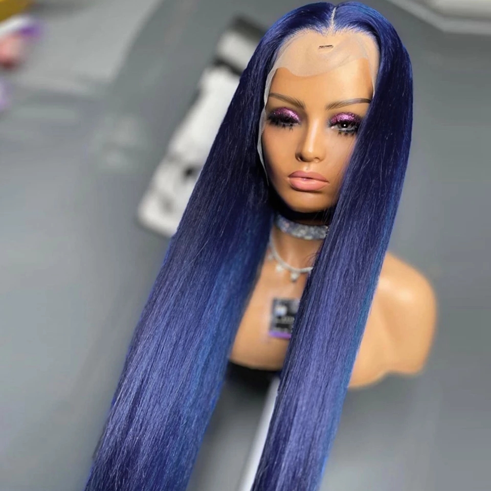 Free shipping Dark Blue Color Synthetic Lace Front Wig 180% Density Long Straight Wigs Pre Plucked For Black/White Women Daily Cosplay Party