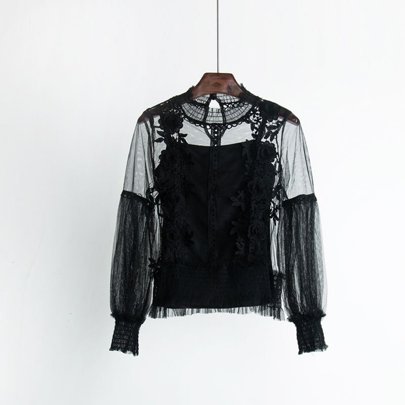 Sweet Retro Stand Lantern Sleeve Blouse Women Slim Appliques Mesh Tops Three-dimensional Flowers Lace Shirts Blusas Mujer 210429
