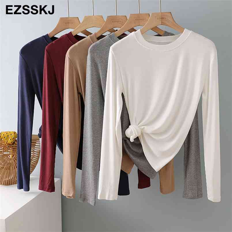 autumn winter bottom cotton long sleeve o-neck T Shirt Women long Sleeve casual basic T shirt solid Color Tee top Female top 210819
