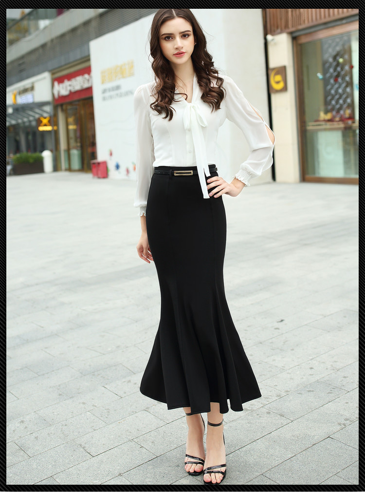 Long Skirt Women Fish Tail Black With Belt Mid-calf Length Spring Autumn Mermaid Trumpet Empire High Waist Stretchy B90591 210421