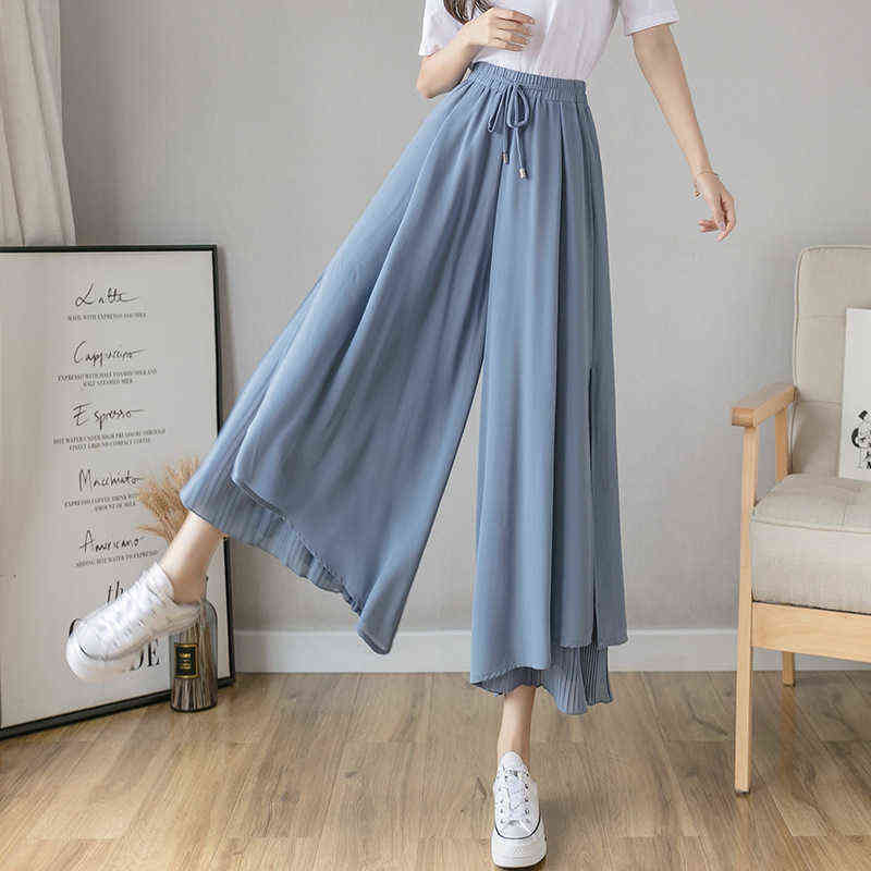 Spring Autumn Style Pleated Chiffon Wide Leg Pants Fashion High Waist Drape Elegant Ankle-length Skirt Trousers 211115