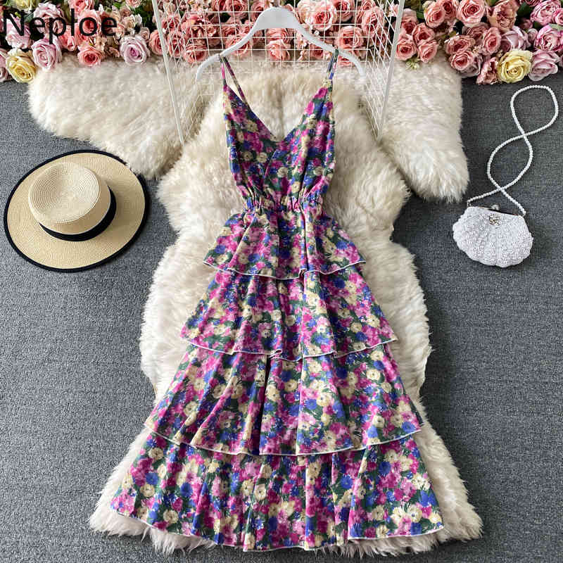 Neploe Summer Vestidos Mujer Floral Chiffon Robe V-neck Backless Sling Dress Korean Slim Elegant Cake Dresses 95498 210422