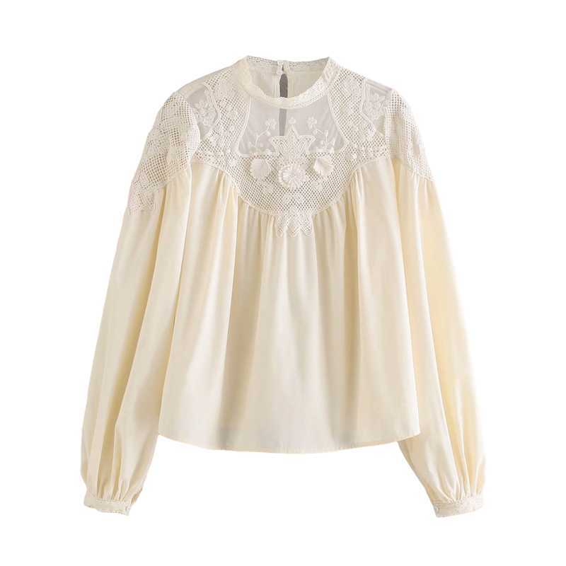 Elegant Women Beige Embroidery Shirts Fashion Ladies Mesh O-Neck tops Streetwear Female Chic Patchwork Blouses 210527