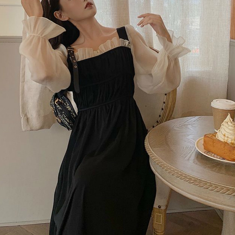French Elegant Dress Women Vintage Square Collar Long Sleeve Fairy Dress Lace-Up Chic Party Dress Korean Autumn 210521