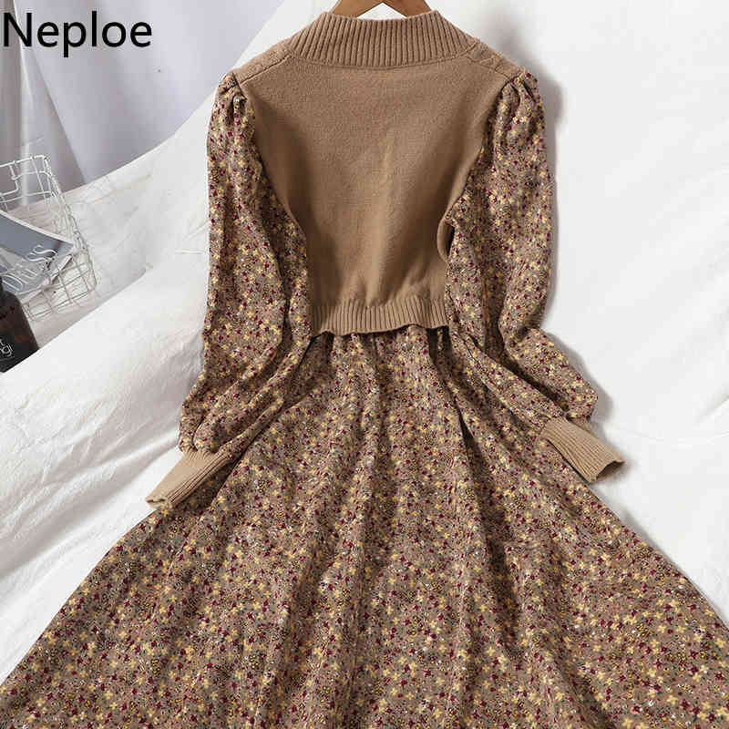 Neploe Patchwork Knitted Ribbed Dresses for Women Sweet Floral Corduroy Korean Vestidos V-neck Puff Sleeve Slim Robe Dress 4G411 210422