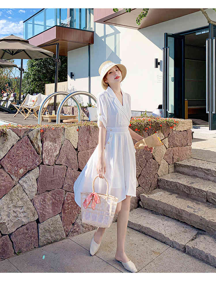 Spring Summer Women Dress White Notched Collar Half Sleeve Vestidos High Waist Knee-Length Chiffon Robe 210519