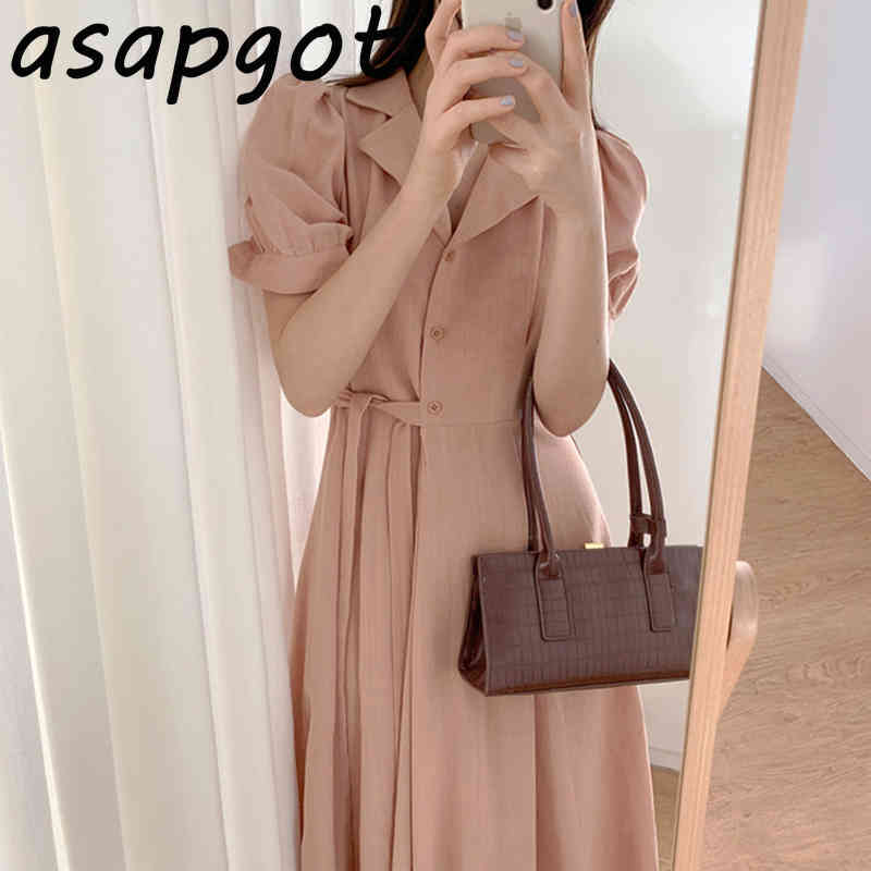 Minimalist Elegant Temperament Chic Korean Slim Lapel Three Button Side Bandage Waist Dress Lady Puff Short Sleeve Solid Summer 210429