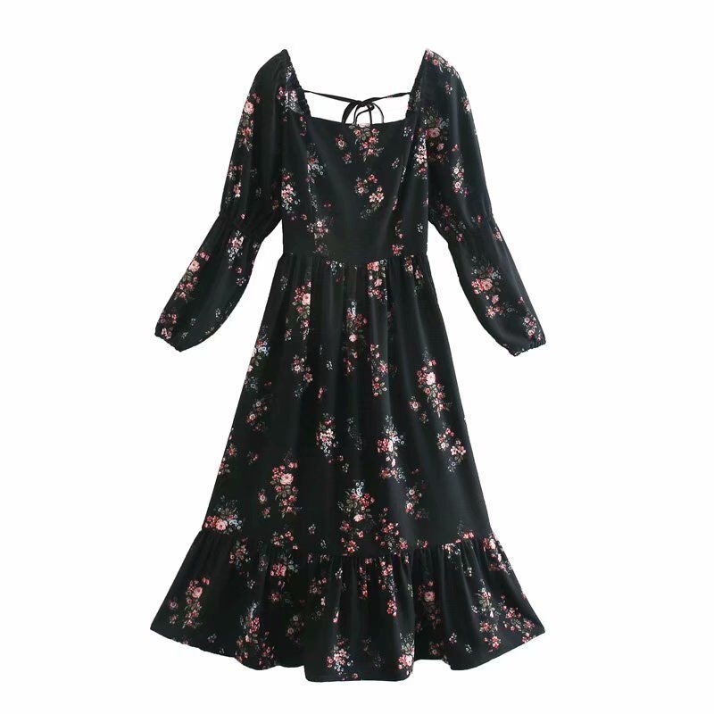 Vintage French Style Long sleeve Floral Print Women Dress Black Square Collar Hem Splice Ruffles Midi Dresses Beach Holiday 210429