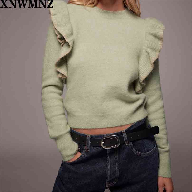 women Vintage knit ruffle trims sweater Fashion O neck long sleeve ruffled shoulders Sweater Female Chic Tops 210520, Green
women Vintage knit ruffle trims sweater Fashion O neck long sleeve ruffled shoulders Sweater Female Chic Tops 210520, Green