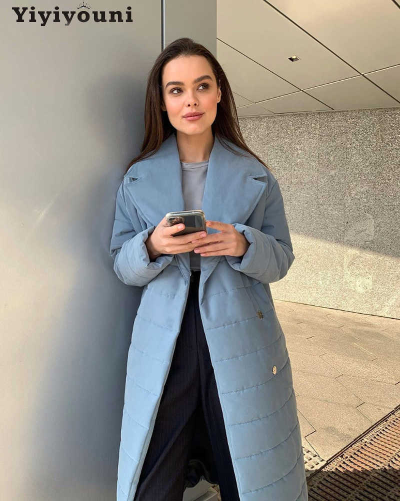 Yiyiyouni Autumn Winter Belted Long Cotton Padded Jackets Women Covered Buttons Casual Outerwear Thick Parkas Female Snow Coat 211007wtt