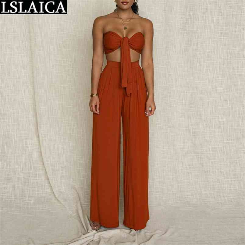 Sexy 2 Piece Set Women Solid Sleeveless Strapless Wide Leg Pants Sets Fashion Female Outfits Clubwear Casual Conjuntos De Mujer 210515