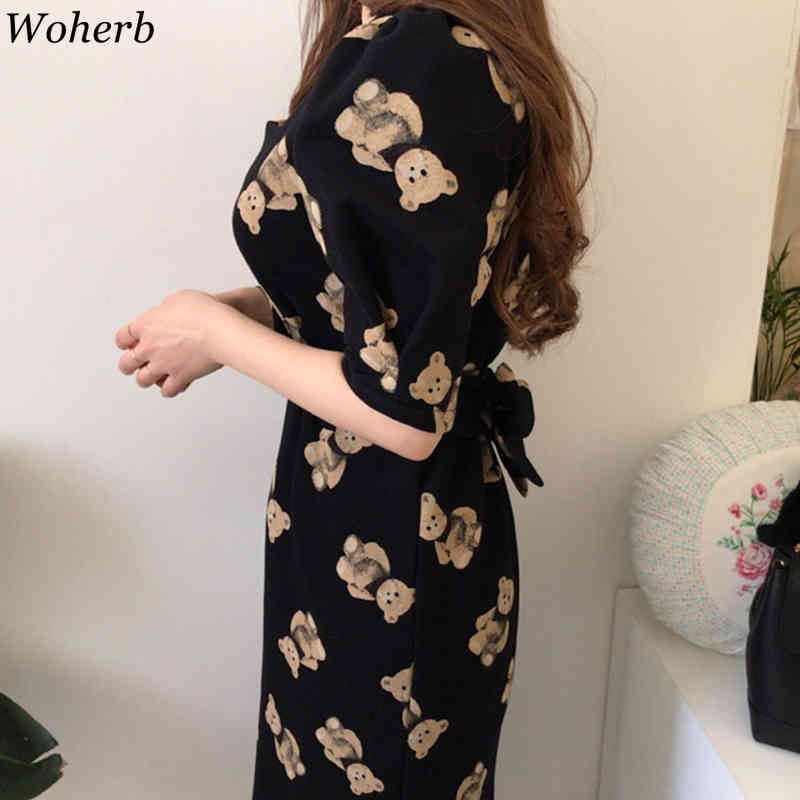Chic Elegant Maxi Dress Woman Square Collar Print Cartoon Bear Vestidos Sweet Puff Sleeve Lace Up Slim Dresses Women 210519