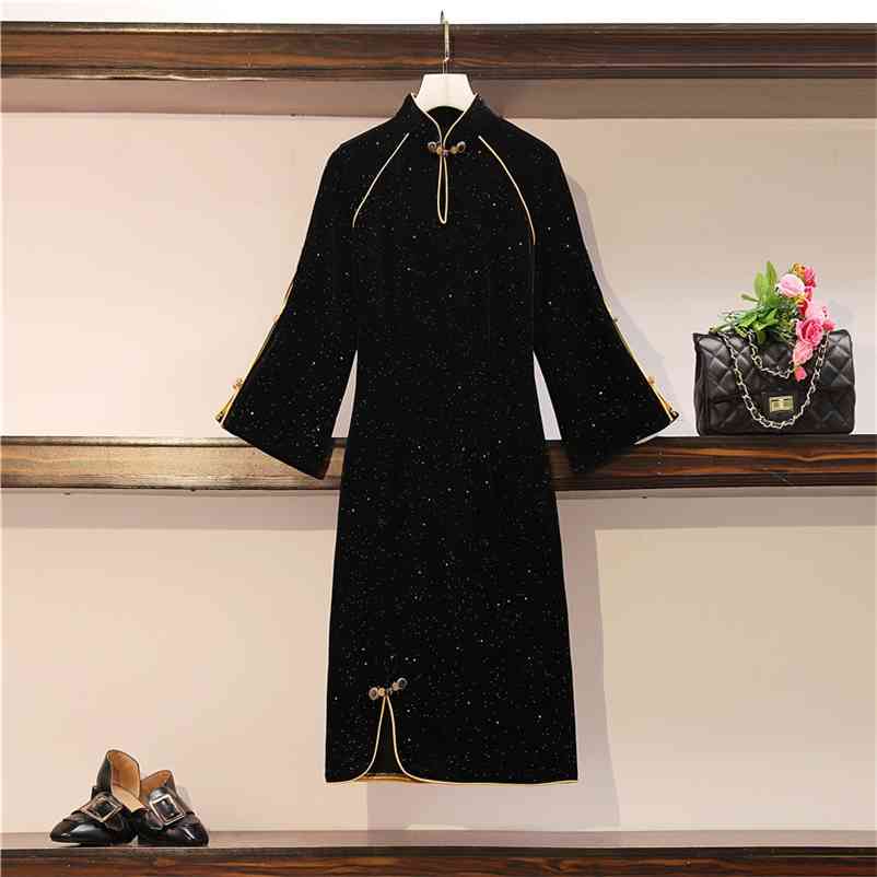 Retro Chinese Cheongsam Autumn Elegant Women's Flare 3/4 Sleeves Pleuche Slim Split Dress Female Dresses A3859 210519, Blue
Retro Chinese Cheongsam Autumn Elegant Women's Flare 3/4 Sleeves Pleuche Slim Split Dress Female Dresses A3859 210519, Blue