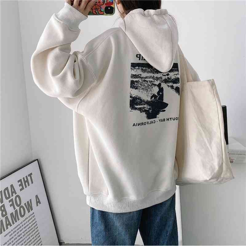 Women Vintage Surfing Print Back Oversized Hoodie Fleece Hooded Sweatshirt In Beige 210512