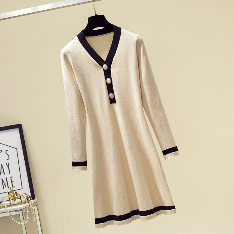 Women Knitted Long Sleeve Leisure Cashmere Sweater Dress Elegant Striped V Neck Causal Slim Office Autumn A-line es 210515