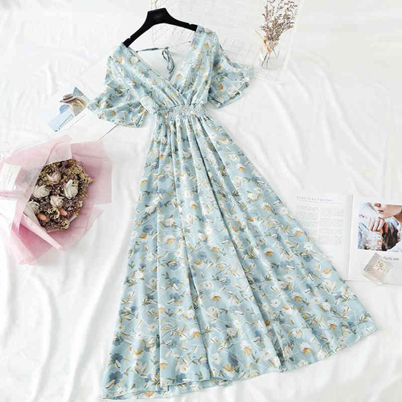 Bohemia V-neck Long Dress Summer Women Floral Print Chiffon Dress Female Short Sleeve Backless Ruffles Vestidos 210521