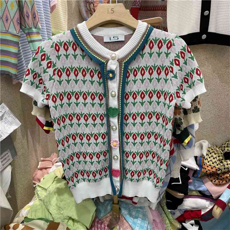 Korean Style Knitted Cardigan for Women Summer Runway Designer Sweet Flower Deco All-match Short-sleeved Printed Sweater 210602, Multi
Korean Style Knitted Cardigan for Women Summer Runway Designer Sweet Flower Deco All-match Short-sleeved Printed Sweater 210602, Multi