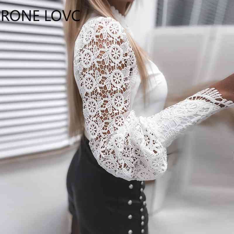 Women Blouse White Lace Top Fashion Shirts Stand Collar Lantern Sleeve Hollow Out Ladies Tops Plus Size Spring 210513