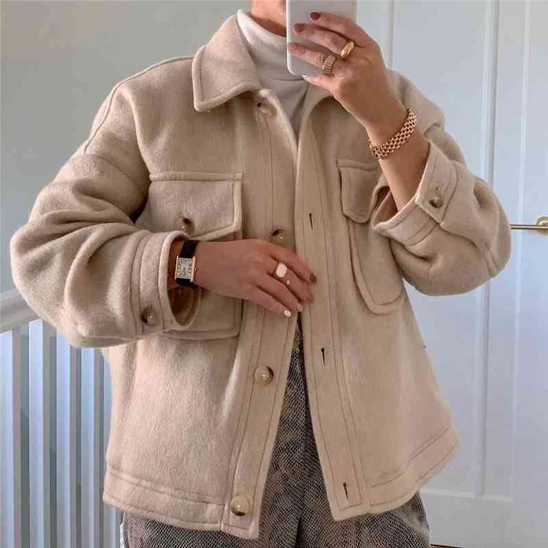 Elegant Women Beige Tweed Coats Fashion Ladies Pocket Button Jackets Streetwear Female Chic Turn Down Collar Outerwear 210430