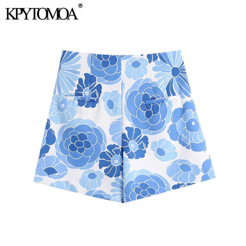 KPYTOMOA Women Chic Fashion Side Pockets Floral Print Bermuda Shorts Vintage High Waist Zipper Fly Female Short Pants Mujer 210724