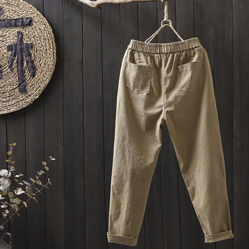 Spring Women Harem Pants Plus Size Elastic Waist All-match Casual Ankle-length Cotton Female Solid Khaki D149 210512