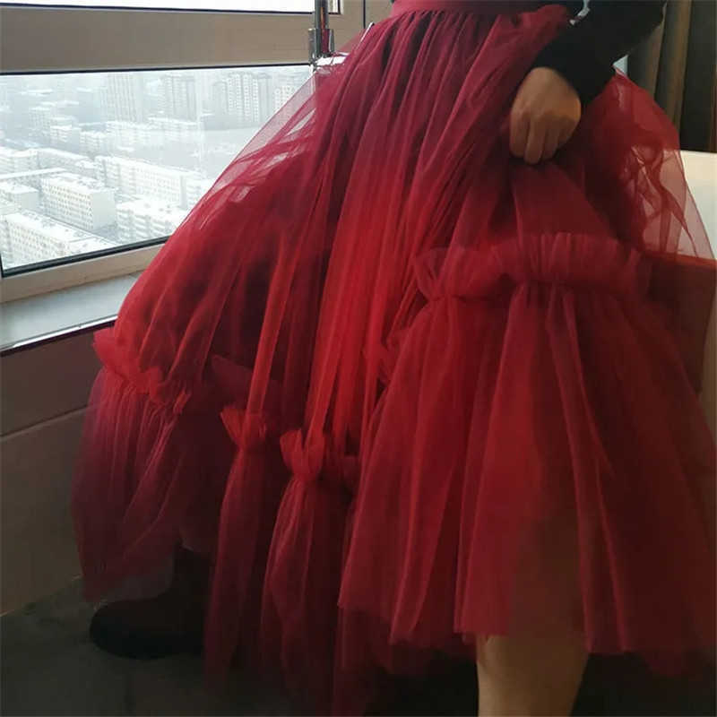 Vintage Wine Red Tulle Pleated Skirts Women High Waist Long Ruffled Mesh Skirt Spring Harajuku Black Elastic Puffy Tulle Skirts 210619wtt