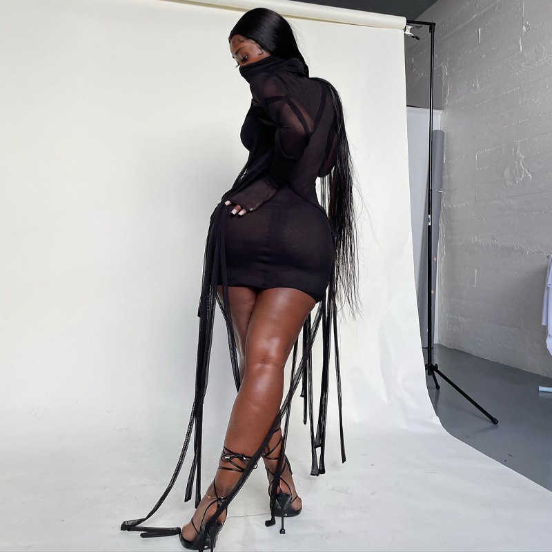 DEAT Women Sexy Stitching Mesh Dress Solid Color Long Sleeve Turtleneck High Wasit Fashion Spring Summer 11B014 210709