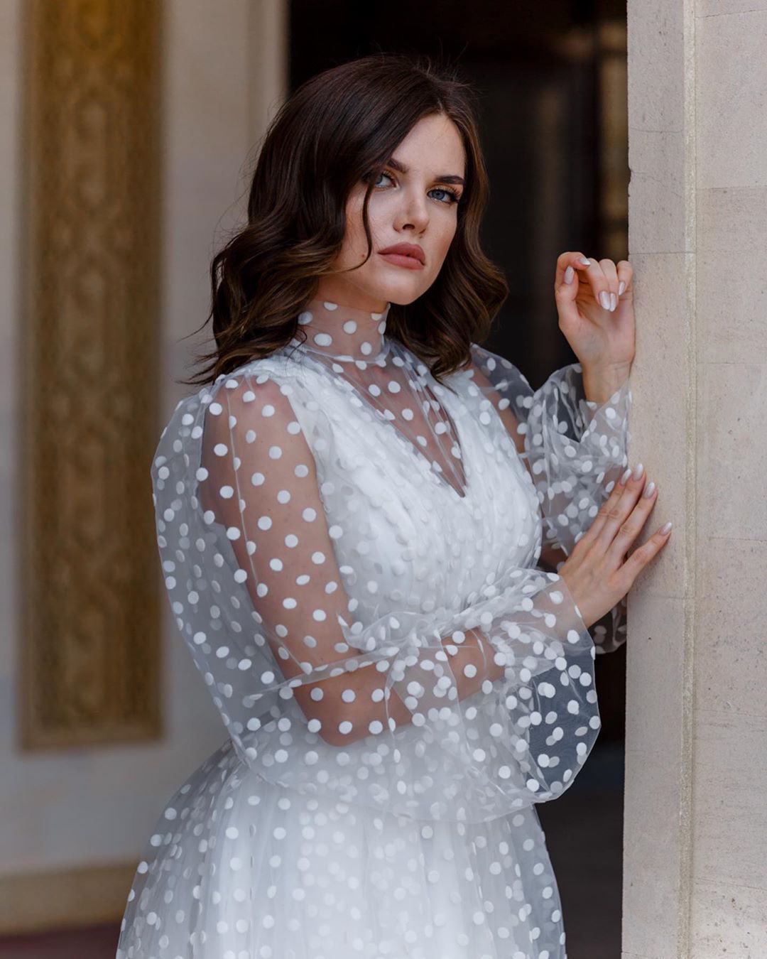 Women Dress Perspective Mesh Dot Print Puff Sleeve Maxi es High Waist Big Swing Vintage es Spring 210524