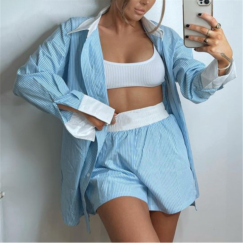 Striped Women's Shorts Sets Long Sleeve Shirts Tops High Waist Trousers For Female Suit Summer Casual Ladies Two Piece Set 210524, 01 blue
Striped Women's Shorts Sets Long Sleeve Shirts Tops High Waist Trousers For Female Suit Summer Casual Ladies Two Piece Set 210524, 01 blue