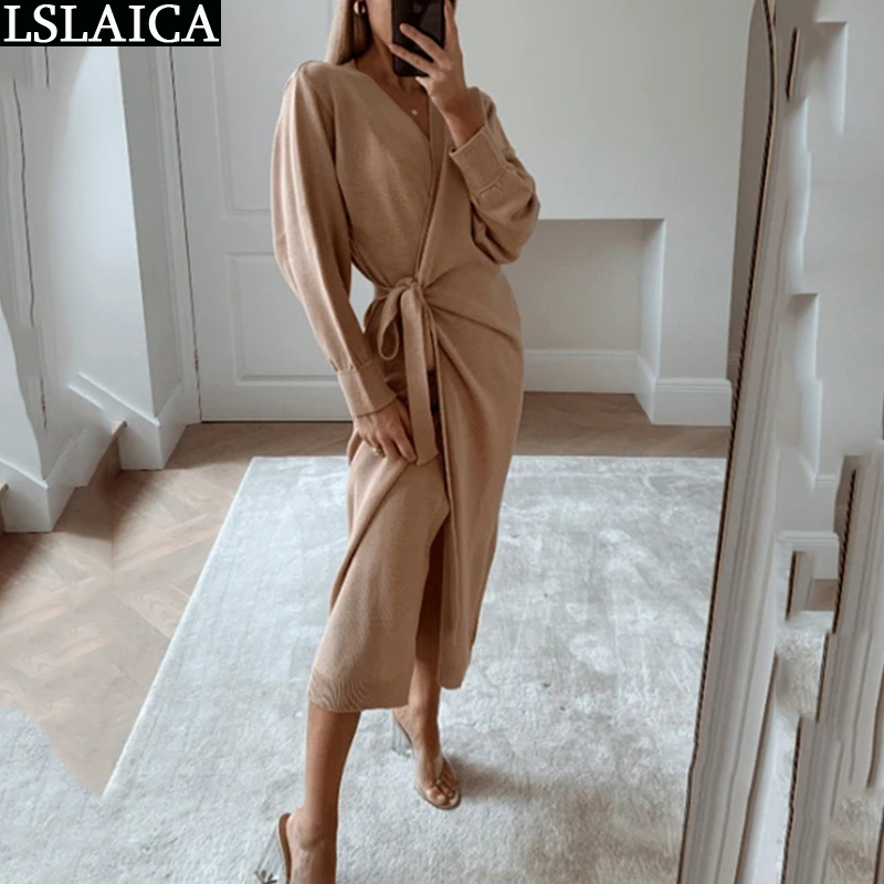 Sweater Women Cardigan Autumn Winter Long Sleeve V Neck Strappy Computer Knitted Mujer Casual Solid Ropa 210520
