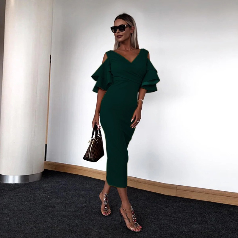 Women Dress V Neck Pile Up Sleeves Maxi es Solid Temperament Party es Off Shoulder High Waist Sexy Summer 210513