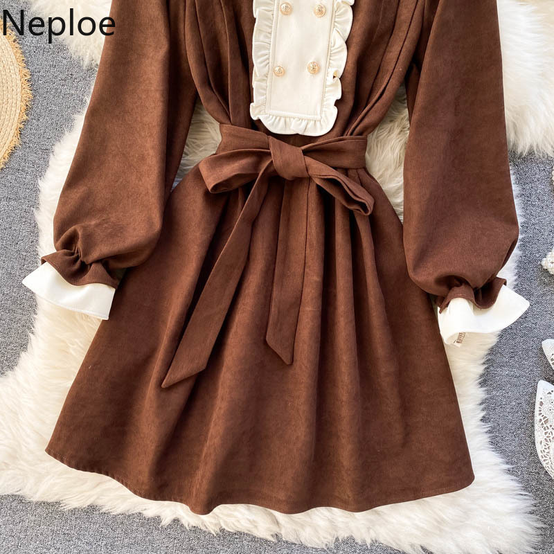 Neploe Vintage Woman Dress Chic Double-breasted Slim Mini Dresses Women Ruffles Flare Sleeve Lace Up Robe Vestidos 4G849 210422
